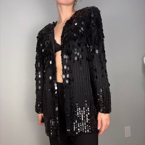 Silk black sequin blazer fringe 80s vintage - fits like modern small / medium - Picture 5 of 8
